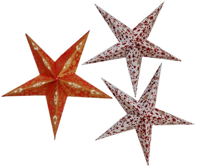 Paper Stars Set Of 3 (Mix Designs): Hanging Paper Lanterns for Christmas, New Year Celebration Or Any Party Decoration (chst09)