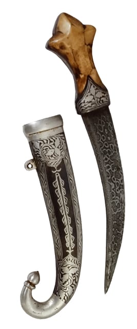Medieval Jambiya Dagger: Camelbone Chips Overlay Crown Hilt, Damascus Iron Blade, & Silver Wire Koftgari Sheath, 9 Inches (A20054)