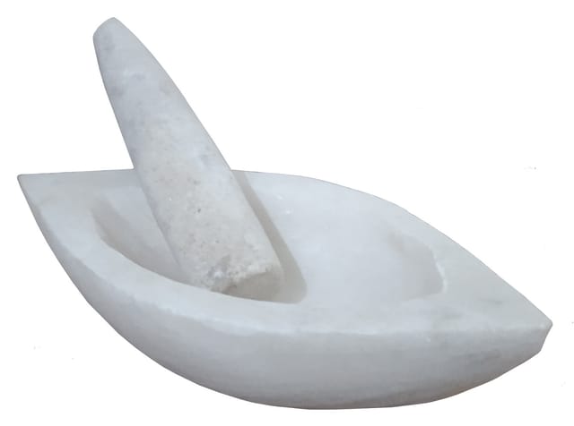 Marble Mortar Pestle Grinding Crudhing Bowl Set: Ayurvedic Khal Dasta, Boat Shape (12469B)