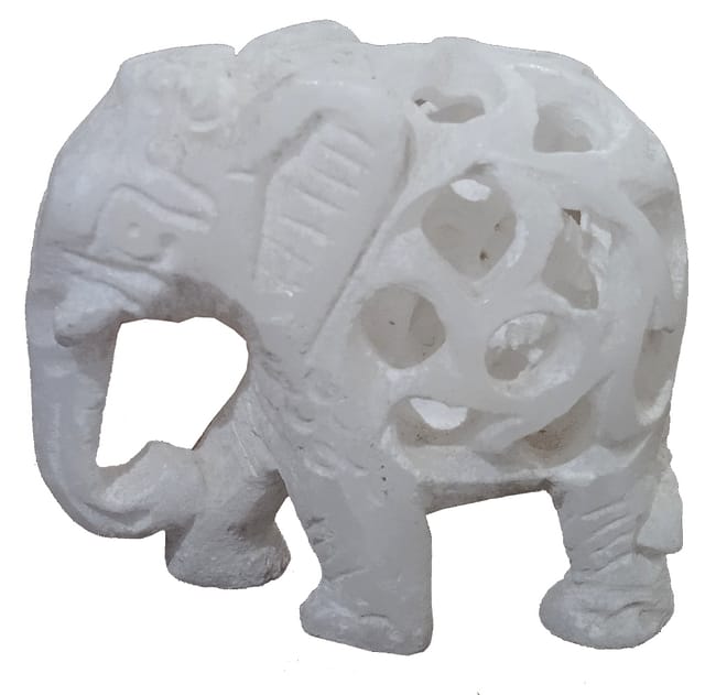 Marble Statue Nested Elephants: Lattice Design Jaali Work Mesh Sculpture (12473)