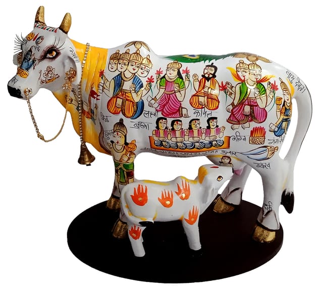 Resin Idol Kamdhenu Wish Cow & Calf: Hindu Gods Painted Good Luck Statue (10103C)