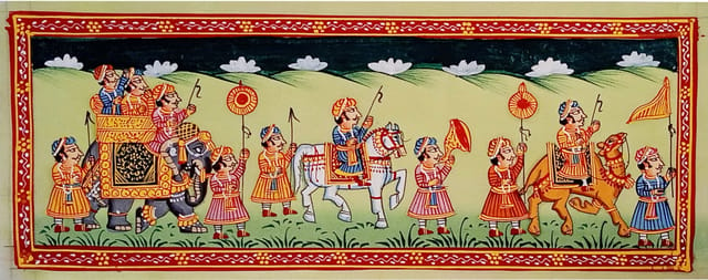 Silk Cloth Painting King's Outing: Collectible Indian Miniature Art Unframed Wall Hanging (12479C)
