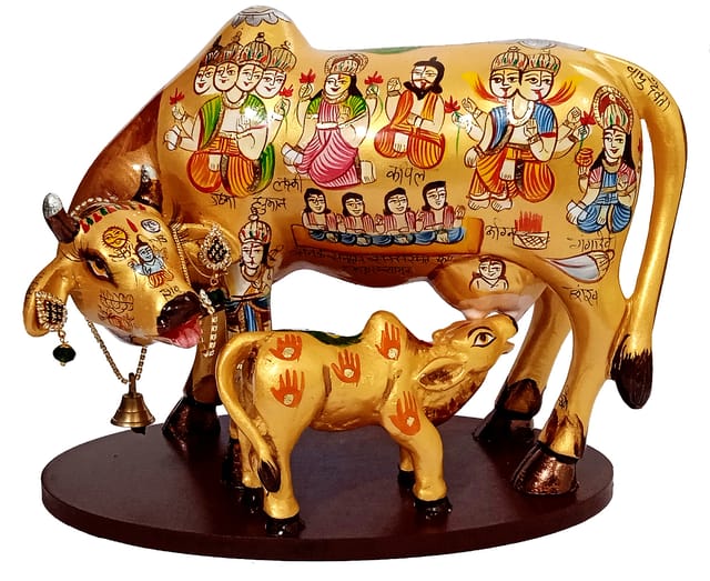 Resin Idol Kamdhenu Wish Cow & Calf: Hindu Gods Painted Good Luck Statue, Golden (10103A)