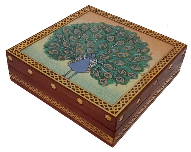 Wooden Gemstone Painting Box "Peacock": Collectible Souvenir Gift, 5*5 Inch (12522C)
