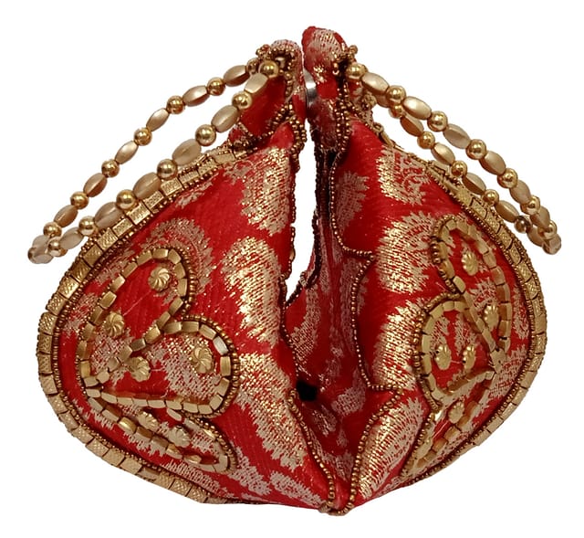 Silk Clutch Purse In Pyramid Design: Ladies Handbag Potli With Sequin Embroidery, Red (12531A)