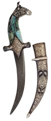 Vintage Dagger Knife: Antique Horse Design with Mother of Pearl Overlay Hilt, Damascus Steel Blade, Silver Inlay Scabbard, 9 inches (A20039)