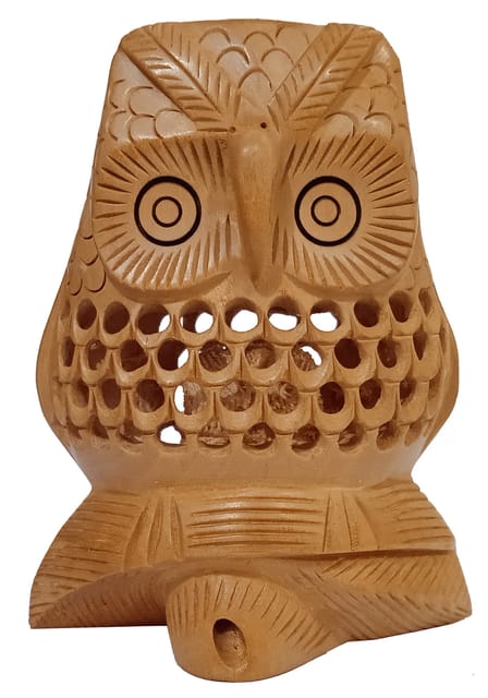 Wooden Spectacles Stand Glasses Holder 'Night Vision': Owl Statue With Intricate Jaali Work (11143A)