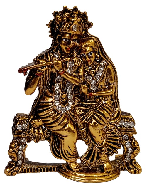 Metal Idol Radha Krishna: Glittering Stones Statue For Home Temple Or Car Dashboard (12535)
