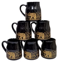 Ceramic Mug Set Tribal Procession: Set Of 6 Tea Coffee Cups, Black (12539B)