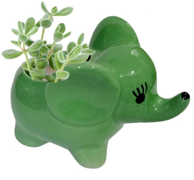 Ceramic Cute Elephant Planter: Indoor Outdoor Flower Pot Table Decor, Green (12543C)
