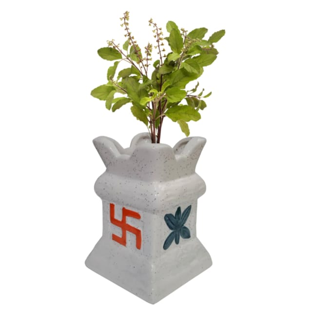 Ceramic Tulsi (Thulasi) Planter Flower Pot: Holy Hindu Plant Vase Indoor Outdoor (12551)