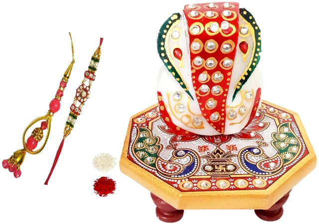 Rakshabandhan Set: Bhai Rakhi Bracelet. Bhabhi Rakhi (Lumba or Latkan), Roli Chawal Tika, Designer Marble Chowki Ganesha (rakhi1ec)