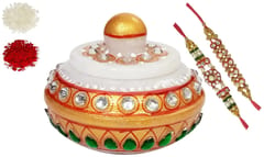 Rakhi Gift Hamper for Brother: Marble Kumkum Sindoor Box, 2 Bhai Rakhi, Roli Chawal Tika (rakhi4g)