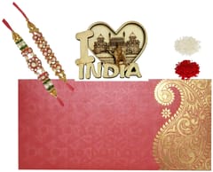 Rakhi Set for Brother: 2 Rakshabandhan Bracelets, I Love India Fridge Magnet, Roli Chawal Tika (rakhi80g)