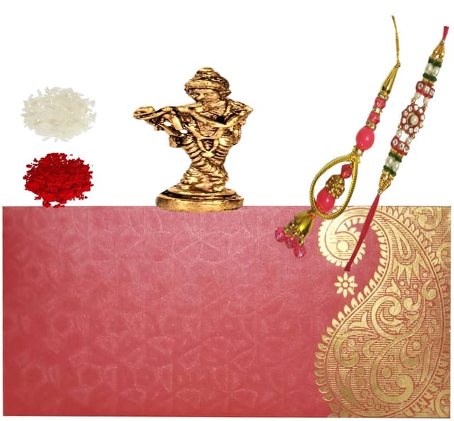 Rakhi Set: Bhai Rakhi Bracelet. Bhabhi Rakhi (Lumba or Latkan), Roli Chawal Tika, Miniature Krishna Statue (rakhi95c)