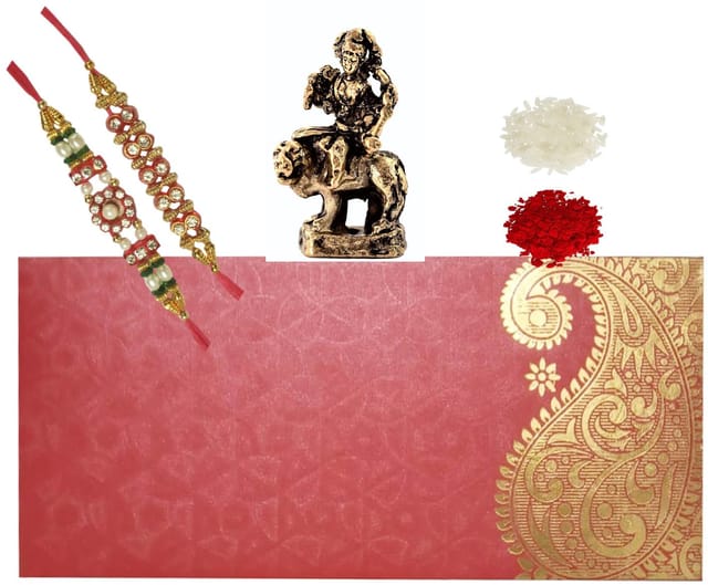 Rakhi Set for Brother: 2 Rakshabandhan Bracelets, Roli Chawal Tika, Miniature Statue Sherawali Ma Durga (rakhi96a)