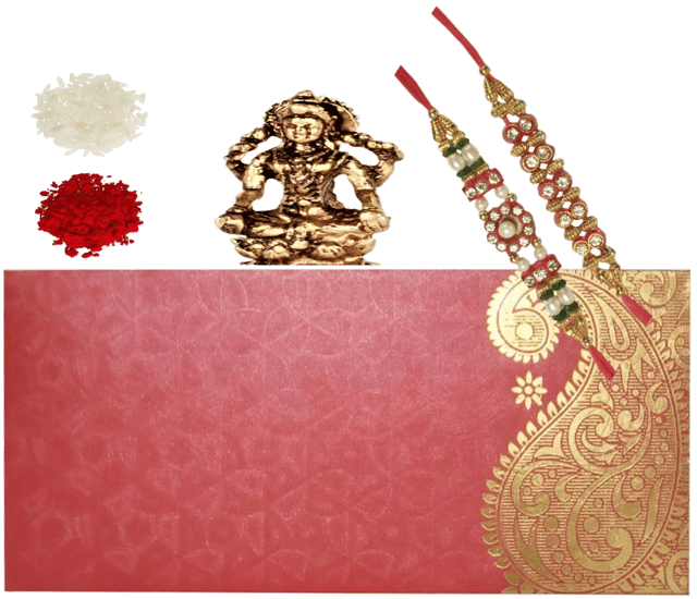 Rakhi Set for Brother: 2 Rakshabandhan Bracelets, Roli Chawal Tika, Miniature Lakshmi Statue (rakhi101a)