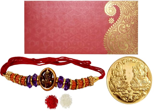 Rakhi Set for Brother: 1 Ganesha Rakshabandhan Bracelet, Roli Chawal Tika, Lakshmi Ganesh Metal Coin (rakhi102a)