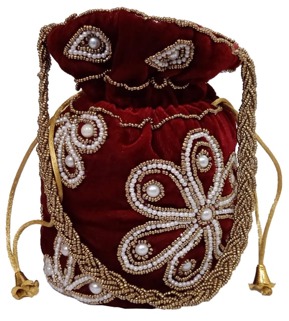 Chenille Potli Bag (Clutch, Drawstring Purse): Intricate Bead Work Satchel Handbag, Maroon (12396G)