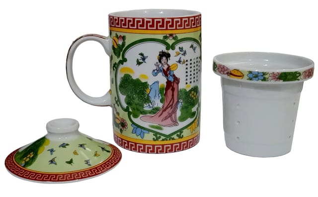 Porcelain Oriental Green Tea Mug, Infuser & Lid 'Holy Flower' (11723H)