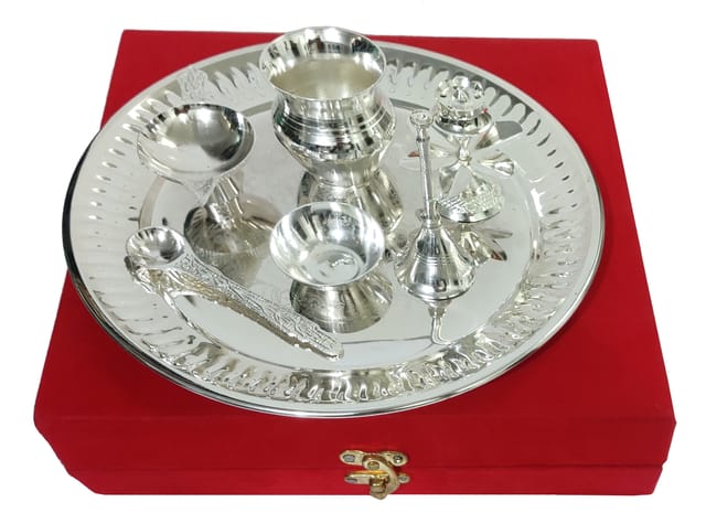 Metal Puja Thali Set: Home Temple Decorative Platter With 7 Items In Velvet Gift Box, Silver (12595A)