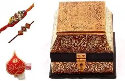 Traditional Rakhi Gift Hamper : Set of 2 rakhis, roli chawal in a beautiful handcrafted box