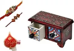 Traditional Rakhi Gift Set: Set of 2 rakhis for brother, roli chawal in wooden box with 2 drawers
