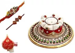 Traditional Rakhi Gift Hamper: Marble agarbatti stand, Set of 2 Rakhis, Roli Chawal