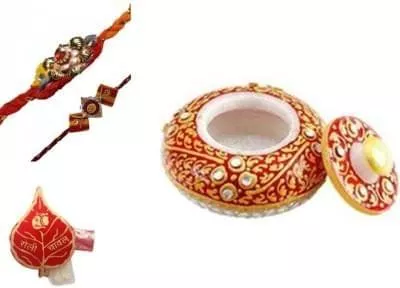 Traditional Rakhi Gift Hamper for brother: Marble sindoor dani, set of designer rakhis and roli chwal (rakhi9a)