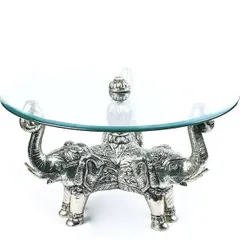 White Metal And Teak Wood Carving Centre Table "Heralding Elephants"