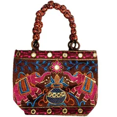 traditional Indian Women's Silk Hand Bag with fancy beads,Brown Color (bag02c)