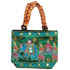 traditional Indian Women's Silk Hand Bag with fancy beads, Green color (bag02a)