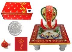 Diwali gift Hamper: Marble chowki ganesh, Roli chawal, 5 gms silver coin, greeting card dh1d