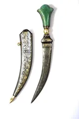 Antique Collectible Dagger: Jade Stone Hilt, Damascus Steel Blade, Silver Wire Koftgiri Craft Scabbard, 9 inches (A20034)