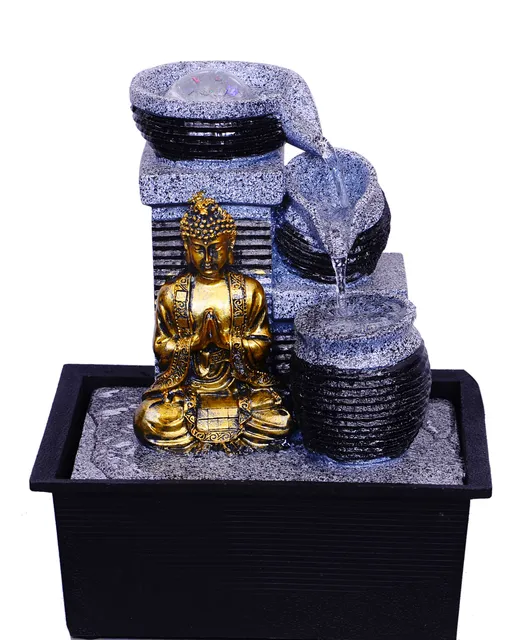 Indoor Water Fountain "Meditating Buddha": Beautiful Combination of 3 Interconnected Diyas and Lord Buddha Miniature Statue with Colored LED Light and Rolling Crystal Ball for Home Décor, Compact, Light-weight, Portable for Table Top (10339)