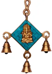 Hindu Religious God Wall Hanging of Lord Ganesha (Ganapathi or Vinayaka) in Solid Brass Metal with Turquoise Gem-stone Work (10360)