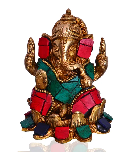 Ganesha Statue (Seated on Lotus Flower) in Antique Style: Designed on Brass with Coloured Gemstones (10529)