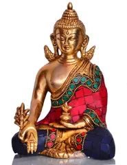 God Statue of Lord Buddha in Solid Brass Metal with Turquoise Gem-stone Work  (10531)