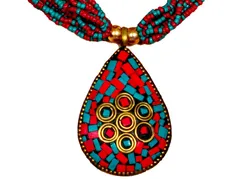 Beaded Necklace with Mosaic Work Brass pendant and beads earrings (30022)