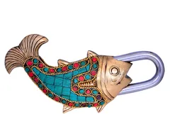 Fish Shaped Brass Lock Padlock With Colorful Gemstone Work (10662)