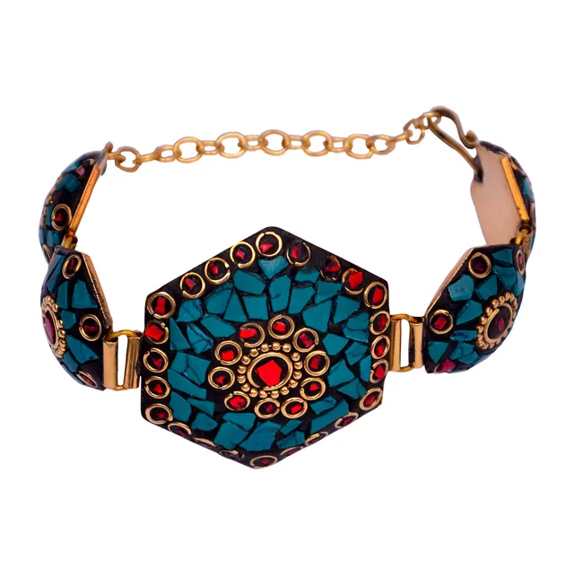 Vintage Bracelet "Truly Regal": Adjustable Design With Artistic Mosaic Stonework Set In Brass (30046)