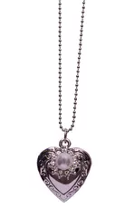 Girls Necklace Chain "Always In My Heart": Open Heart Photo Insert Alloy Locket Pendant with Pearl In Silver Color(30070)