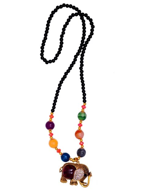 Necklace Chain With Glass Beads & Glittering Elephant Pendant; Unique Indian Jewelery (30074)