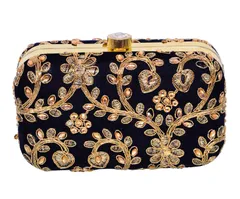Women's Black Party Clutch Purse With Traditional Embroidery In Gold (10695)