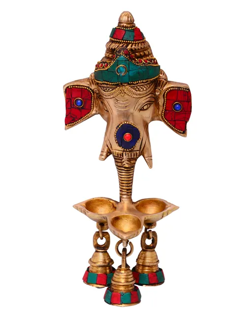 Ganesha Wall Hanging With 3 Deepak Lamps & Hanging Bells: Sculpted In Solid Brass Metal With Colorful Gemstones (10698)