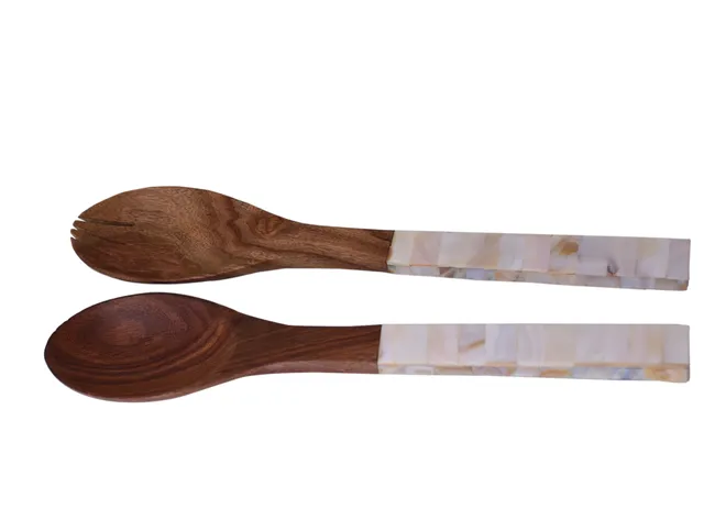 Mother of Pearl Wooden Serving Spoon & Fork Cutlery Set (10709)