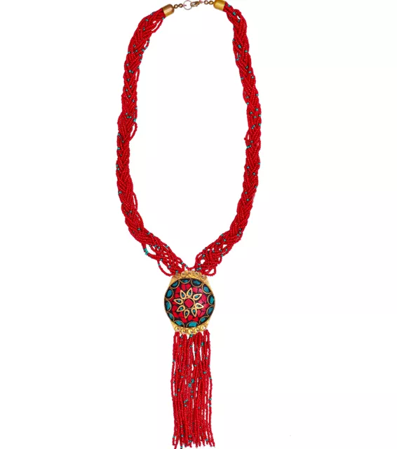 Necklace Chain With Red Glass Beads & Mosaic Work Brass Pendant (30078)