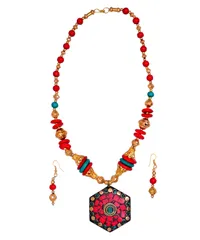 Jewelery Set With Glass Beads & Red Blue Mosaic Work Brass Pendant (30080)