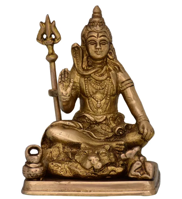 Brass Idol Lord Shiva Mahadev with Trishool: Antique Finish Statue for Home Temple (10717)