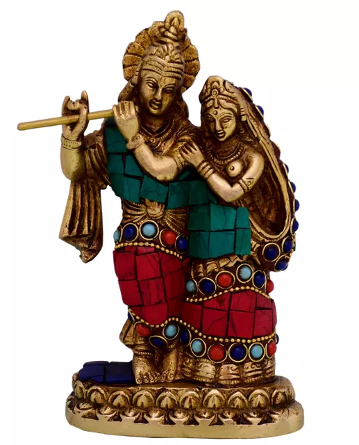 Radha-Krishna Brass Metal Statue Idol With Gemstones For Home Temple, Office Table or Shop Mandir Puja Shelf | Hindu Religious Gift (10741)